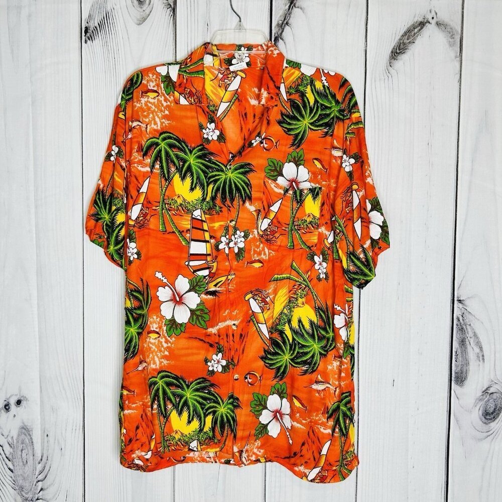 COJ Apparels Men's Short Sleeve Button Down Hawaiian Shirt Sz L Orange Floral